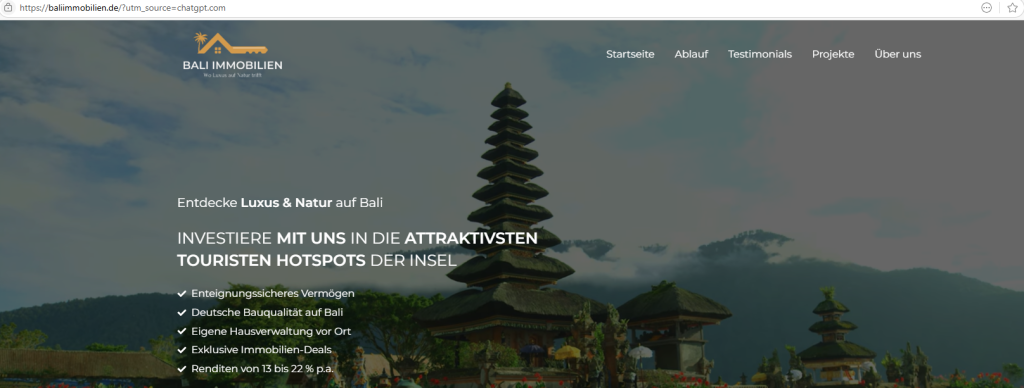 Bali Immobilien (Screenshot Webseite)