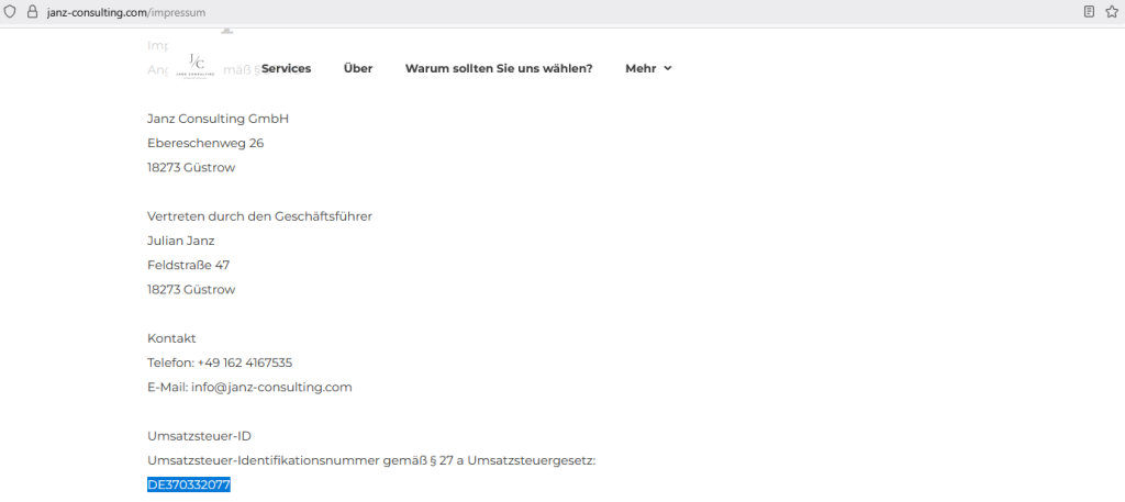 Janz Consulting GmbH - Screenshot Webseite Impressum vom 23. Juni 2025