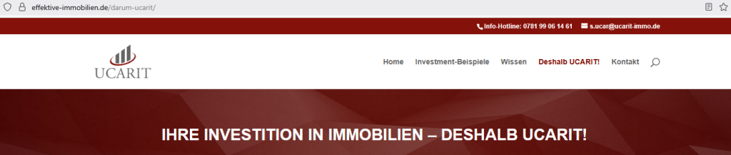 UCARiT GmbH Finanz- und Immobilienmanagement - Screenshot Webseite (Auszug)