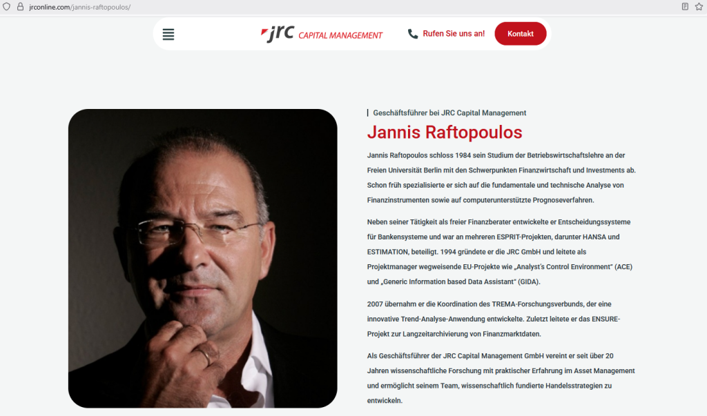 JRC Capital Management - Jannis Raftopoulos - Screenshot Webseite vom 21. Juli 2025 
