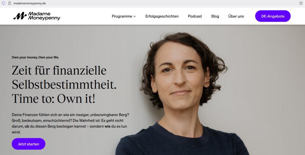Madame Moneypenny - Natascha Wegelin - Screenshot Webseite (Ausriss) vom 31. Juli 2025