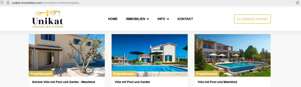 Unikat Immobilien Istrien d.o.o. / Screenshot Webseite (Ausriss) vom 5. August 2025