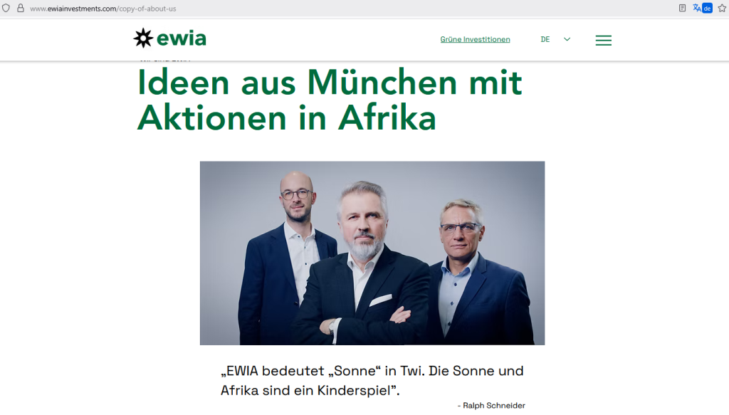 EWIA Green Investments - Screenshot Webseite (Ausriss) vom 4. August 2025