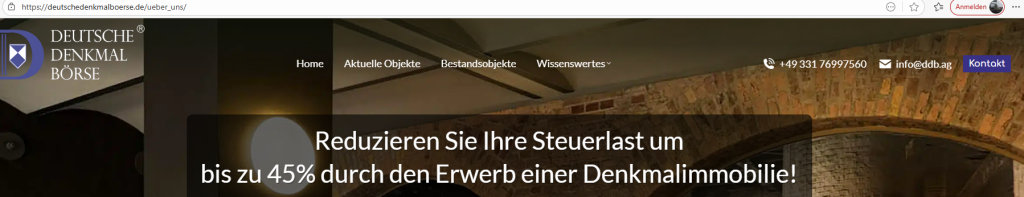 DDB Immobilien GmbH - Deutsche Denkmalbörse (Screenshot Webseite / Ausriß vom 23. Vovember 2025)