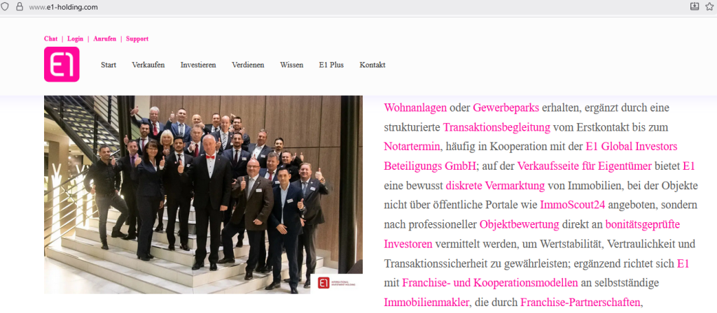 Screenshot Webseite E1 International Investment Holding - * Ausriß vom 19.01.2026