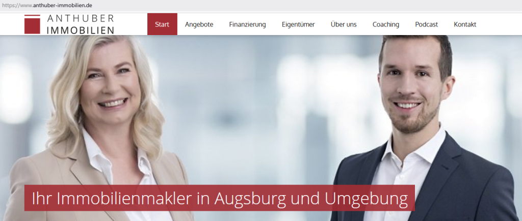 Anthuber Immobilien - Screenshot Webseite (Ausriß vom 6 Januar 2026)
