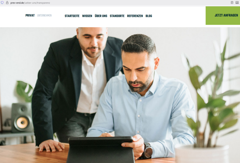 Screenshot Webseite prev.end GmbH * Ausriß vom 21.01.2026