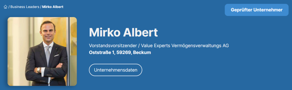 Mirko Albert - VALEXX AG Vorstandsvorsitzender / Value Experts Vermögensverwaltungs AG